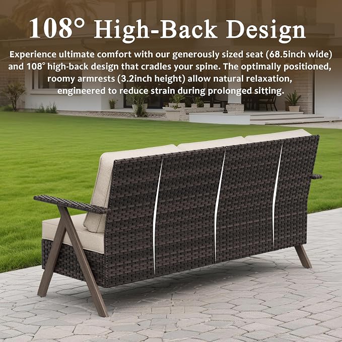 8 Pieces Patio Furniture Set,Outdoor Loveseat Sofa & High Back Swivel Rocker Patio Chairs, Wicker Conversation Set with Coffee Table and Side Table for Deck Yard and Poolside