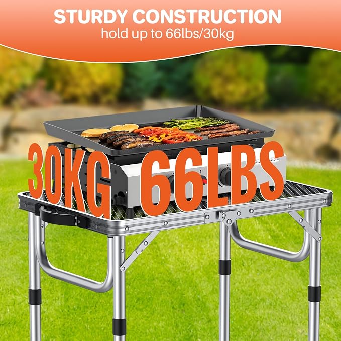 FUNYKICH Folding Grill Table for Outside, 3 Height Adjustable Portable Camping Tables, Lightweight Metal Aluminum Outdoor Table with Portable Handle for Camping, Picnic, BBQ, 23''x16'', Silver