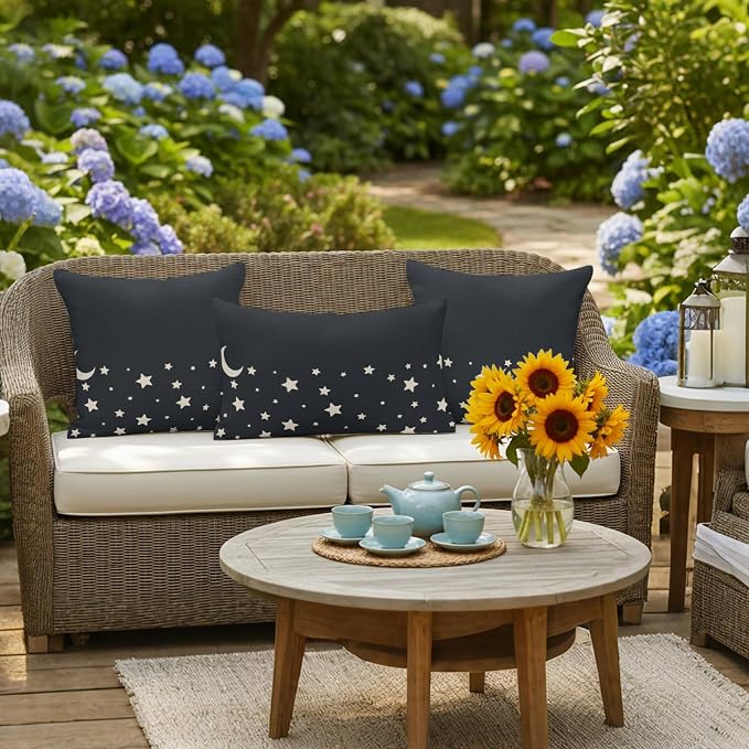 Stars Moon Waterproof Outdoor Pillow Covers Set of 2 Home Decor, Starry Night Black Lumbar Pillowcase Patio Pillow Covers for Couch Bench Patio Furniture Garden 20x20in