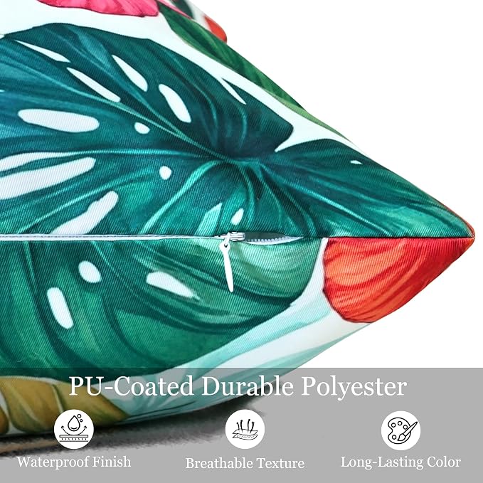 Outdoor Pillow Covers 20x20 Inch Set of 2, Tropical Floral Plants Modern Throw Pillows Cases Waterproof Square Garden Cushion Sham for Patio Funiture Tent Balcony Bench Sofa Couch, Pink Green