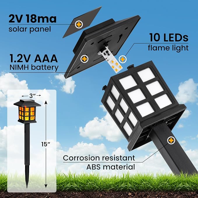 GIGALUMI Solar Lights Outdoor Waterproof 12 Pack, LED Garden Decor | Flickering Flame LED Solar Garden Lights Outdoor Decor, 8 Hours of Landscape Lighting for Garden