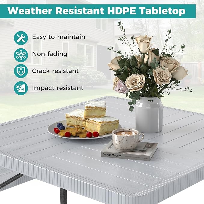Byroce Outdoor Picnic Table for 4-8 Person, HDPE Picnic Camping Table Set with 4 Benches, Umbrella Hole & Metal Frame, Heavy Duty Square Dining Table Chairs for BBQ in Patio, Yard & Poolside (Gray)