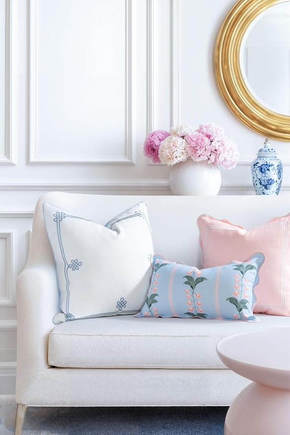 Hofdeco Premium Grandmillennial Patio Indoor Outdoor Lumbar Pillow Cover Only, 12"x20" Water Repellent for Backyard, Couch, Poolside, Baby Blue Pink Print Watercolor Striped Lily of the Valley