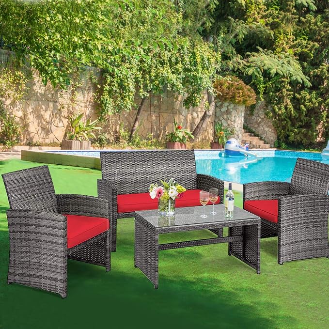 HAPPYGRILL 4pcs Patio Converstation Set with Soft Cushions Rattan Furniture Set with PE Wicker Coffee Table & Sofa Chairs for Garden Poolside Porch Backyard