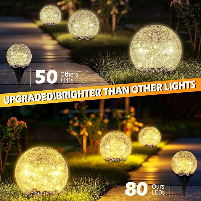 Garden Solar Ball Lights Outdoor Waterproof, 80 LED Cracked Glass Globe Solar Power Ground Lights for Path Yard Patio Lawn, Halloween Christmas Decoration Landscape Warm White(2 Pack 5.9'')