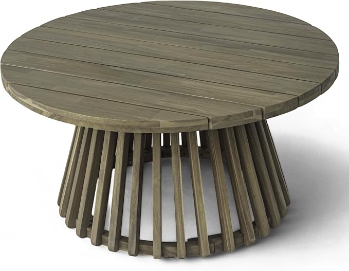 Christopher Knight Home Hakee Acacia Wood Patio Coffee Table, Round Table with Unique Wooden Base for Backyard, Balcony, Stylish Indoor/Outdoor Table, Easy Assembly, 31.5"x 31.5"x 16", Grey