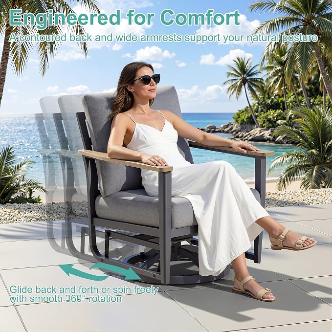 Aluminum Outdoor Patio Furniture Set with Swivel Rocking Chair 7-Seat, Patio Conversation Set Sectional Furniture Set with High Backrest & Thickened Cushions for Backyard, Grey