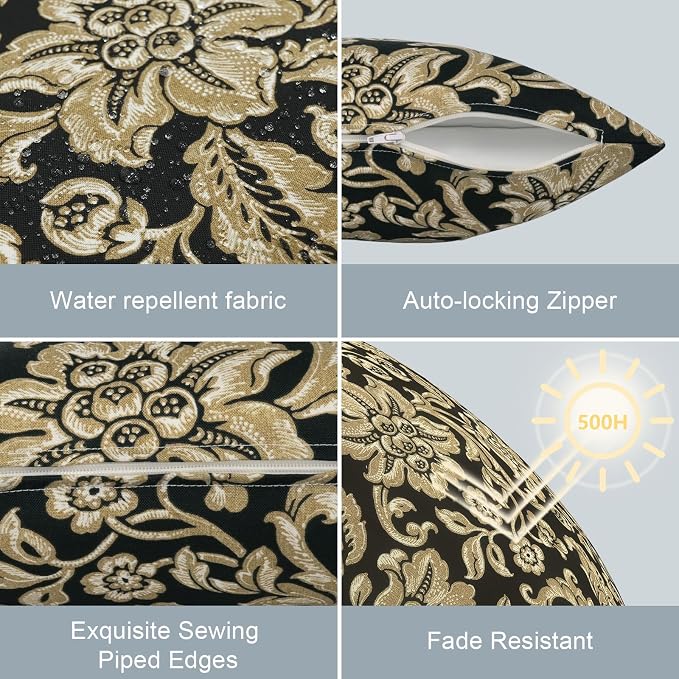 LVTXIII Outdoor Lumbar Pillow Covers Set of 2 Patio Decorative Pillow Cases, Water Repellent Lumbar Cushion Cases for Sofa, Patio Couch Garden Use, 12x20 Inch, Jacobean Black