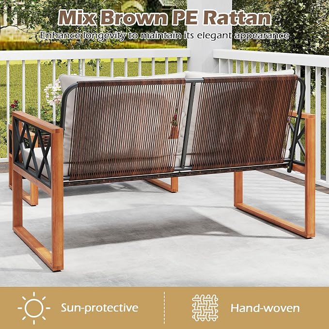 Tangkula 2 Pieces Outdoor Acacia Wood Loveseat and Table Set, Heavy Duty Patio Conversation Set for Porch, Deck and Backyard