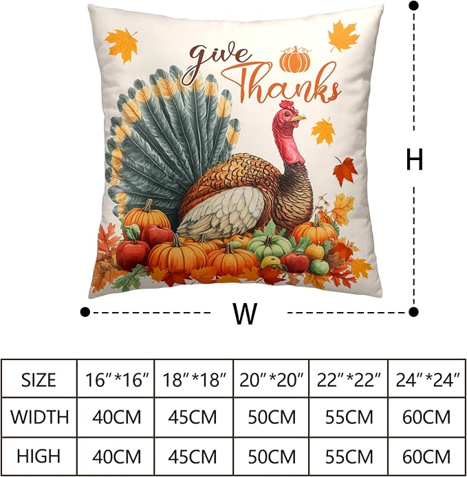 Set of 2 Thanksgiving Throw Pillow Covers 20x20 Turkey with Autumn Pumpkin Pillow Covers Fall Harvest Pillow Case Square Cushion Case for Living Room Couch