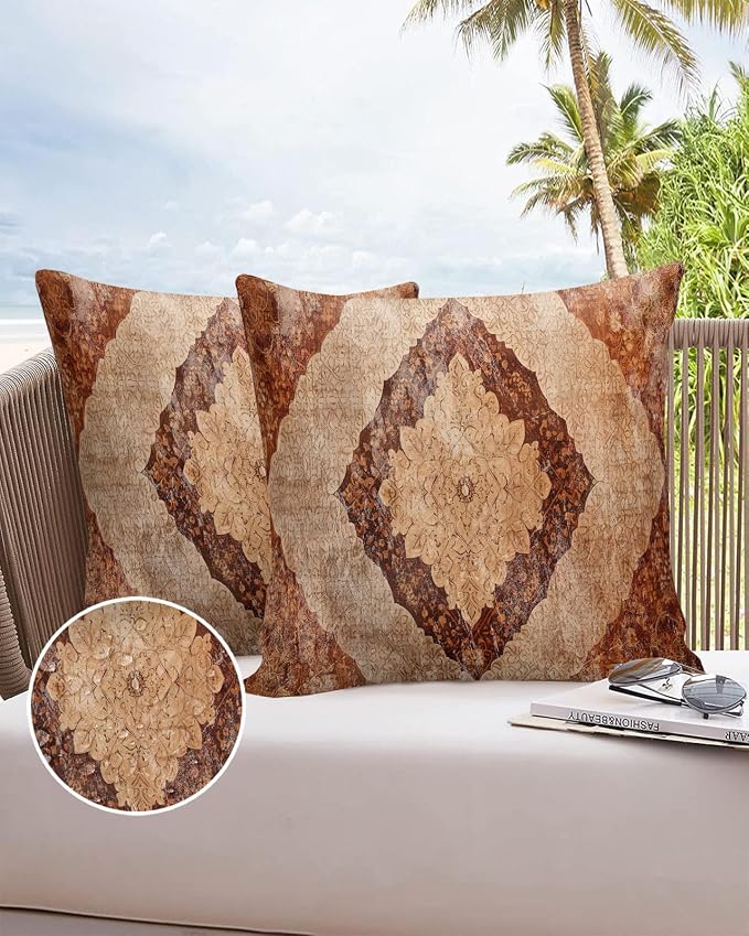 Outdoor Waterproof Pillow Covers Set of 2, Meddle Century Vintage Carpet Mural Pattern Brown Patio Throw Pillow Covers, Decorative Cushion Case for Couch Sofa Furniture Garden, 20x20 Inch
