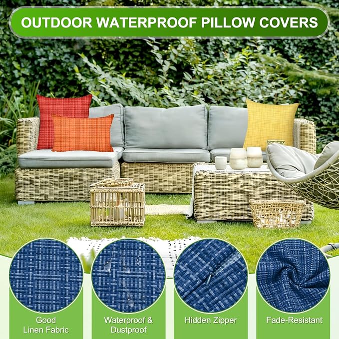 M METERXITY 2-Pack Outdoor Waterproof Throw Pillow Cover, 12x20 Inch Linen Weaving Texture Decorative Cushion Cover for Patio/Balcony/Garden, Water Resistant Pillow Case [Dark Blue]
