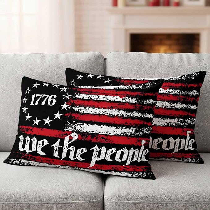 We The People Outdoor Pillow Covers 20"x12" Set of 2, Independence Day Distressed Red White Flag Waterproof Throw Pillow Covers for Patio Furniture, Decorative Cushion Covers for Porch