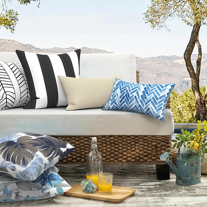 20x20 Inch Pack of 2 Patio Throw Pillow Covers ONLY, Water Repellent Cushion Cases, Square Pillowcases for Outdoor Couch Decoration, Clemens Noir Blue