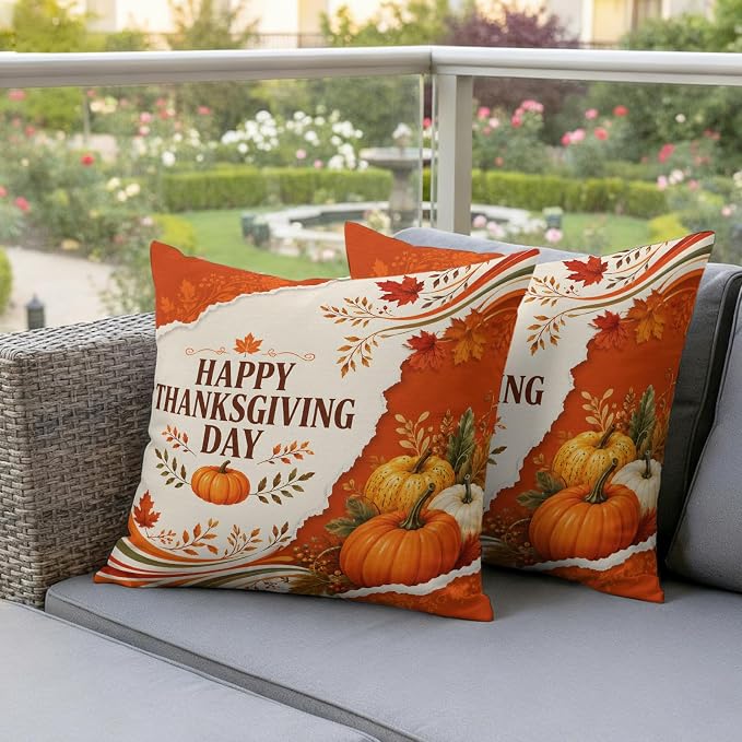 Fall Thanksgiving Waterproof Outdoor Pillow Covers 20''x20'' Set of 2, Maple Leaves Orange Pumpkins Patio Furniture Cushion Covers for Chairs, Decorative Farmhouse Pillow Cases for Garden/Pool/Beach