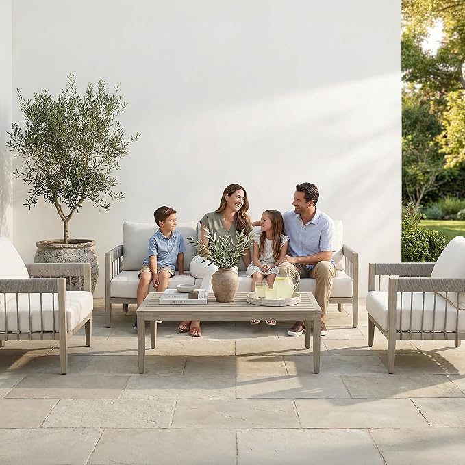 Outdoor Coffee Table, Never-Rust Aluminum Patio Coffee Table with Faux Wood Grain Finish, 24" x 43" Rectangle All-Weather Patio Table with Adjustable Feet for Balcony, Deck, Garden