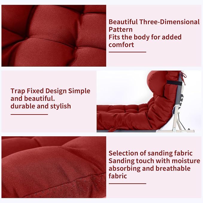 Tudomro Outdoor Chaise Lounge Cushion 66x21x4'' Waterproof & Fade-Resistant Patio Pool Chaise Lounge Cushion Headrest Pillow Tie Replacement Rocking High Back Chair(Burgundy,1 Pcs)