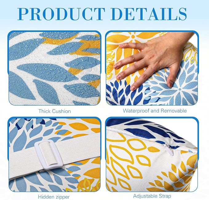 Lineshading 4 Pcs Chaise Lounge Pillow with Strap Outdoor Waterproof Pool Chair Neck Headrest Pillows with Adjustable Elastic Band for Beach Patio Chair Recliner(Yellow,Floral)