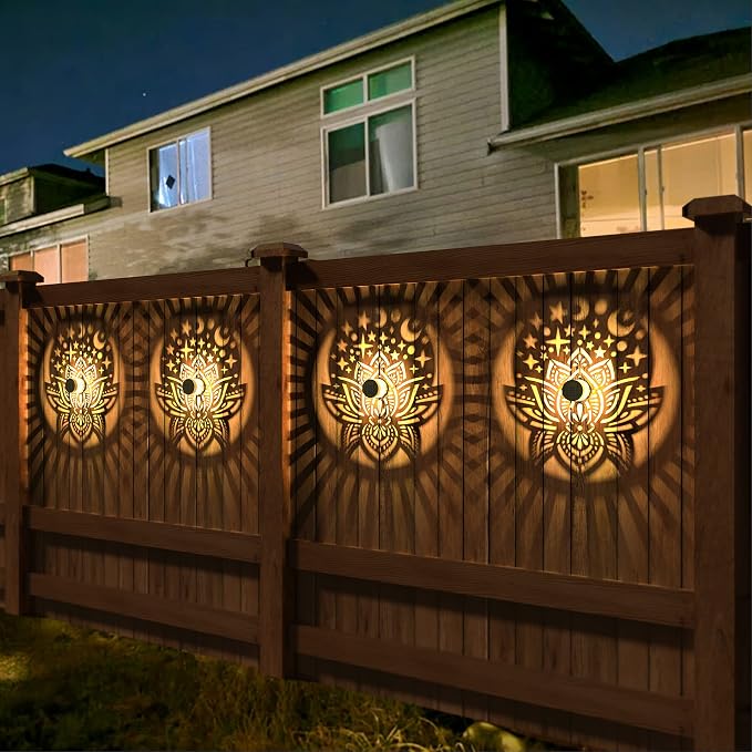gardencave 4 Pack Solar Fence Lights Metal Solar Powered Outdoor Wall Deck Lights Lotus Theme Waterproof Fence Light for Garden Post Patio Backyard Yard Decor (Lotus, 4 Pack)