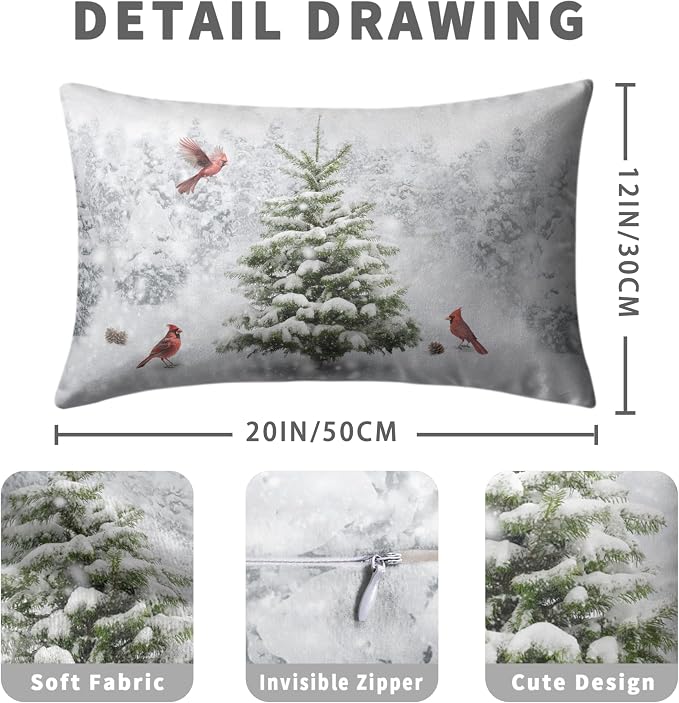Winter Christmas Lumbar Pillow Covers 12x20 Set of 2 Snowy Natural Forest Rectangle Pillowcase Green Pine Tree with Cardinal Birds Waist Cushion Case for Couch Living Room Patio