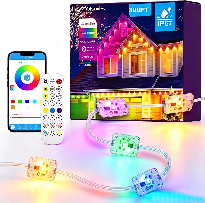 Permanent Outdoor Lights 300ft RGB+IC Eave Lights for House | IP67 Waterproof Smart LED Outdoor Lights with 16M Colors, App/Remote Control for Daily, Christmas, Halloween, Party