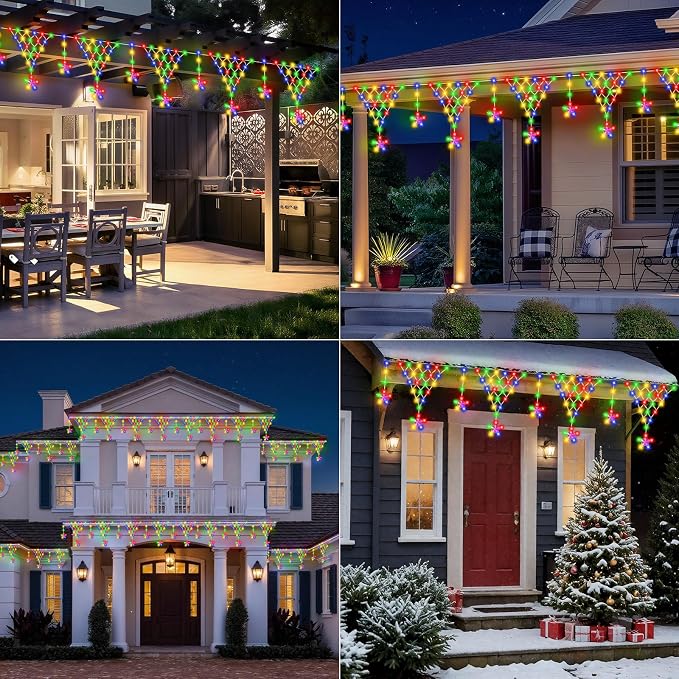 Christmas Icicle Lights, Outdoor Christmas Lights, 13.8FT 218 LED 8 Modes Curtain String Light, Plug-in LED Fairy Light for Wedding, Party, Indoor, Christmas Decoration - Multicolored