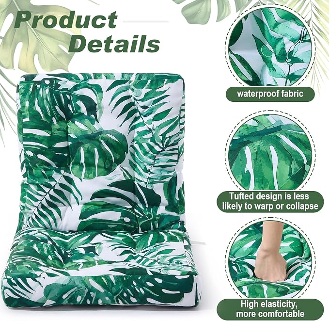 Hoteam 4 Set Outdoor Patio Chair Cushions 20 x 42 in Deep Seat Waterproof Patio Cushions Set for Furniture Replacement Removable Seat and Back (Monstera Deliciosa)