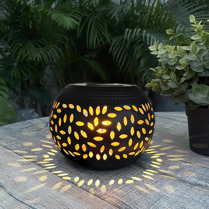 Solar Table Light Outdoor Waterproof Decorative Solar Table Lantern | Hollowed-Out Black Metal Desktop Decorative Lamp for Women Mother's Day, Outside Garden Yard Patio & Indoor Tabletop Decor