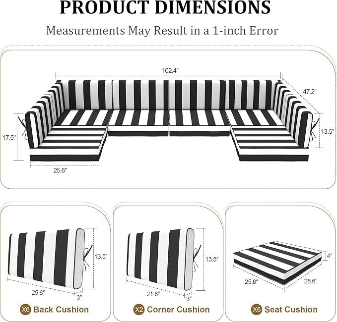 14pc Waterproof Outdoor Couch Cushions for 6 Seat Patio BlackStripe | Water-resistant, UV-resistant,14pc High-Density Foam Replacement Cushions for 6-Seat Outdoor Sectional Furniture