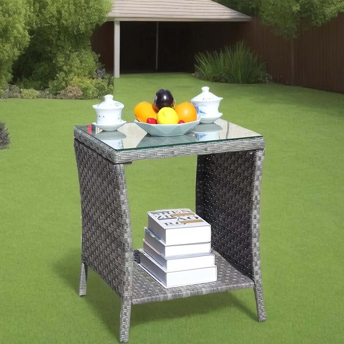 IRONORA Outdoor Wicker Side Table Patio Side Tables for Outside, Tempered Glass Top Wicker Table with Storage End Table for Balcony Porch Deck