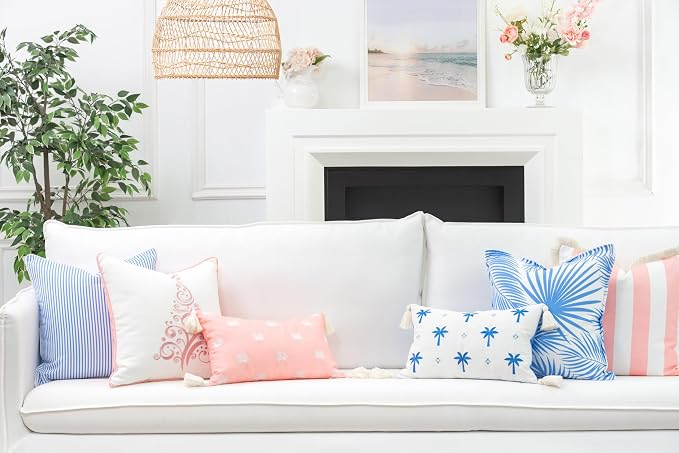 Hofdeco Premium Coastal Patio Indoor Outdoor Pillow Cover Only, 20"x20" Water Repellent for Backyard, Couch, Cornflower Blue Embroidered Coconut Tree Tassel