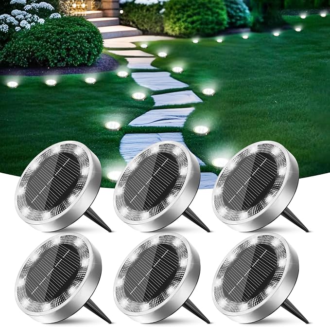 Solar Ground Lights Outdoor, 6 Pack Flat Solar Powered Disc Lights, IP68 Waterproof, Anti-Rust, Landscape Lighting for Pathway Garden Yard Lawn Walkway Landscape Driveway, Mini, Cool White