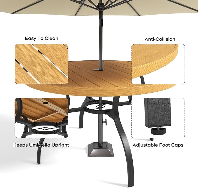 41” Patio Outdoor Dining Table, Wood-Grain Patio Round Table with Umbrella Hole, All-Weather Metal Dining Table for Party, Lawn & Garden