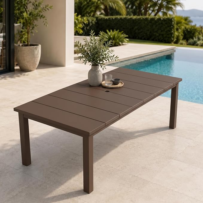75.2" HDPE Outdoor Dining Table for 4-6 People, Rectangular Patio Dining Table with Umbrella Hole, All Weather Patio Dining Outdoor Table for Deck, Backyard and Garden, Brown