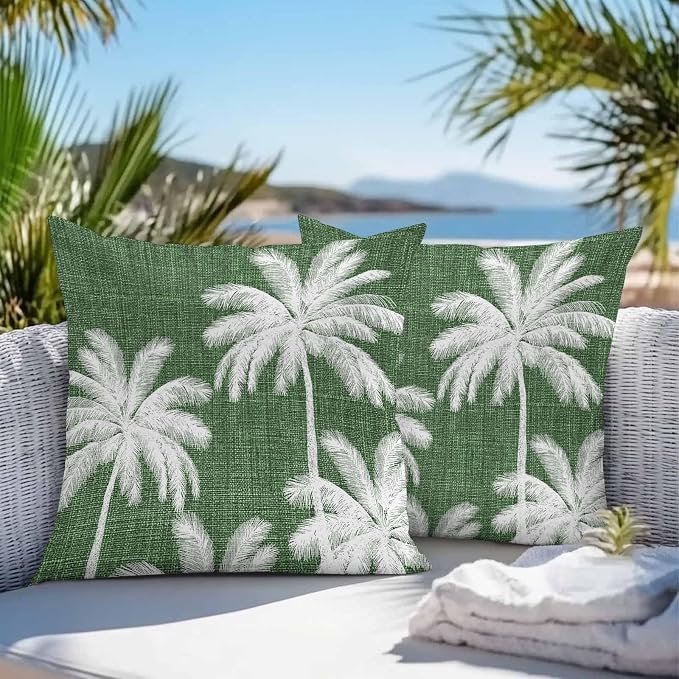 Outdoor Pillow Covers 18x18 Inch Set of 2, Dark Green Palm Trees Waterproof Throw Pillow Covers, Farmhouse Tropical Summer Beach Decorative Cushion Pillowcases for Couch, Sofa, Bed, Garden, Patio
