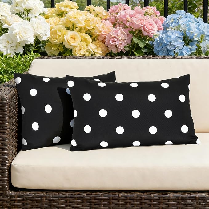 Eternal Beauty 12X20'' Set of 2 Outdoor Decorative Pillow Covers Waterproof Outdoor Pillow Covers for Spring Summer Patio Lumbar Pillows, Black Polka Dot, 12X20 inches