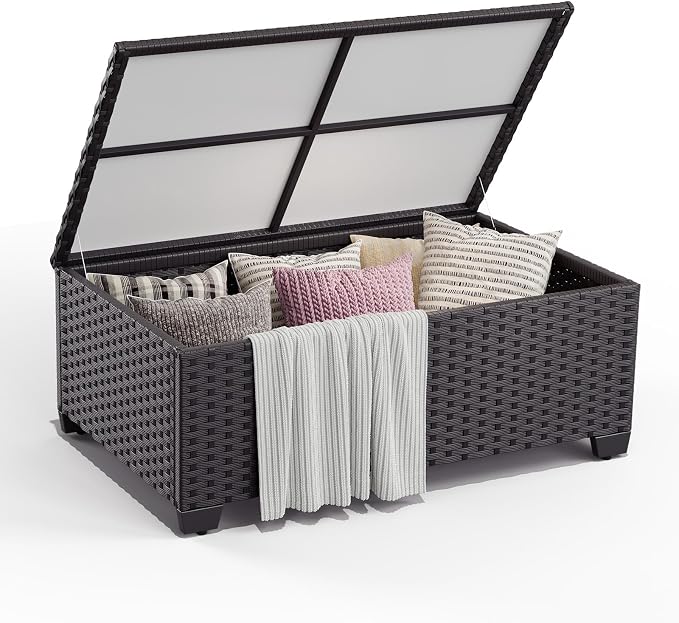 Aoxun Patio Coffee Table with Storage, All Weather Wicker Side Table with Waterproof Cover, Outdoor Storage Coffee Table for Toys and Cushions Black