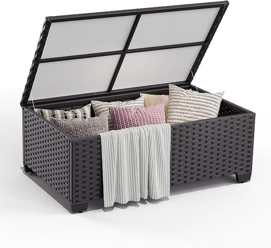 Aoxun Patio Coffee Table with Storage, All Weather Wicker Side Table with Waterproof Cover, Outdoor Storage Coffee Table for Toys and Cushions Black