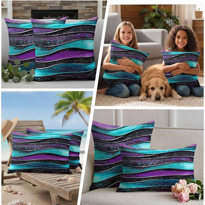 JasmineM Outdoor Pillow Cover 12x20 Inches Set of 2 Abstract Purple Teal Wave Waterproof Throw Pillow Covers Modern Black Strips Decorative Pillowcases Garden Cushion Case for Patio Couch Sofa