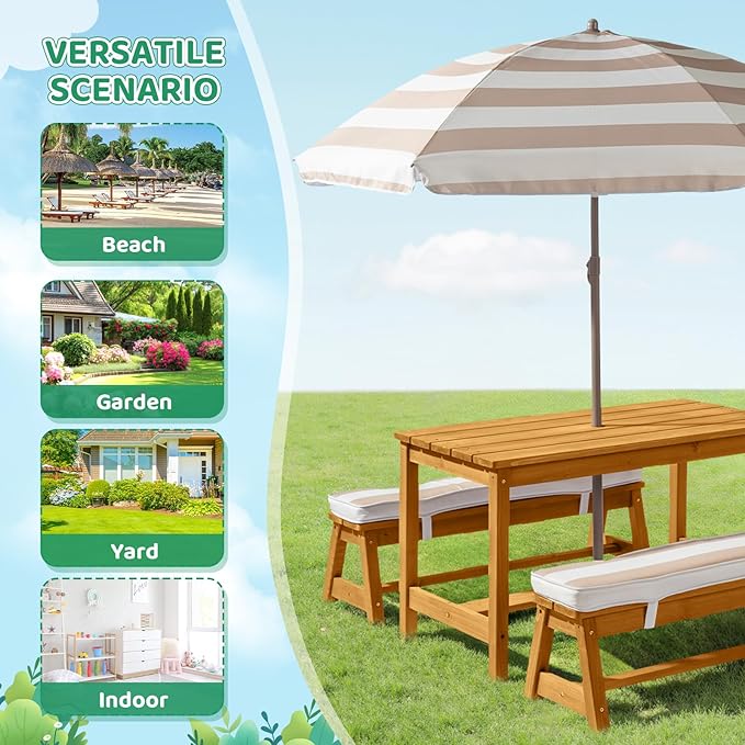 JOYMOR Kids Picnic Table Outdoor Wooden Table & Bench with Adjustable Umbrella, Picnic Table Set w/Removable Cushions for Backyard, Patio, Garden, Indoor(Natural)