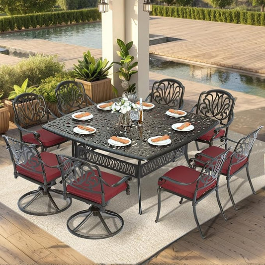 VIVIJASON 9-Piece Outdoor Furniture Dining Set for 8, Cast Aluminum Patio Table and Chairs Set with 6 Stationary Chairs, 2 Swivel Rocker Chairs, 64" Large Square Dining Table, Umbrella Hole, Red
