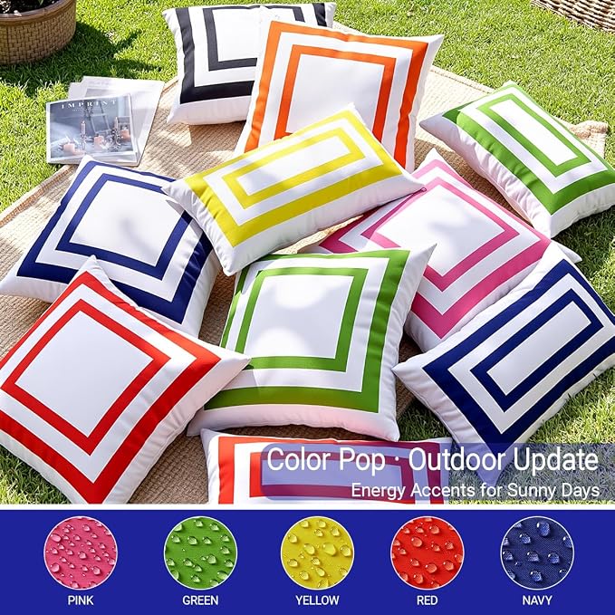 JOJOGOGO 18x18 Navy Blue Frame Outdoor Throw Pillow Covers Waterproof & Sunproof Set of 2, White and Navy Outdoor Decorative Throw Pillows for Patio Furniture Couch and Porch Decor(Without Inserts)