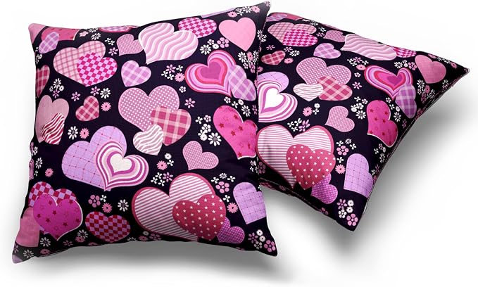 Valentines Pillow Covers 20x20 Pack of 2 Pink Purple Hearts Flowers Throw Pillow Covers Valentines Day Pink and Black Cushion Case Cotton Linen Pillowcase for Couch Sofa Patio