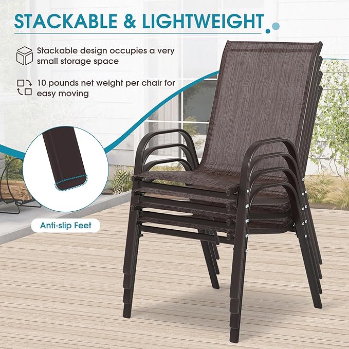 24.4" Wide Outdoor Stackable Chairs Set of 4, Stacking Patio Chairs with Textilene Fabric, Outside Furniture for Garden Backyard Balconie Poolside Deck, Brown