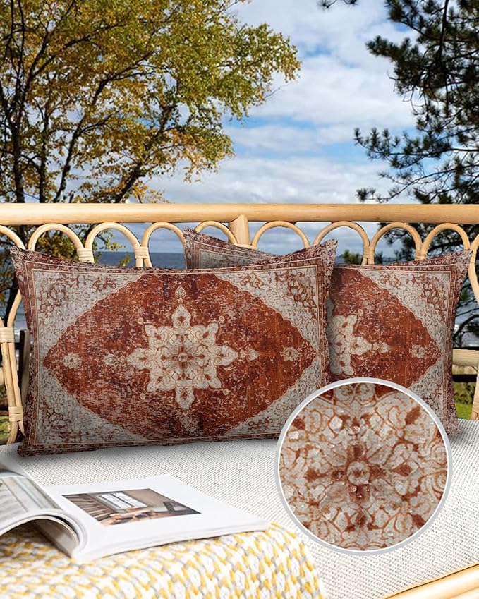 Outdoor Waterproof Pillow Covers Set of 2, Medieval Turkish Patterns Vintage Mural Wallpaper Patio Throw Pillow Covers, Decorative Cushion Case for Couch Sofa Furniture Garden, 20x12 Inch