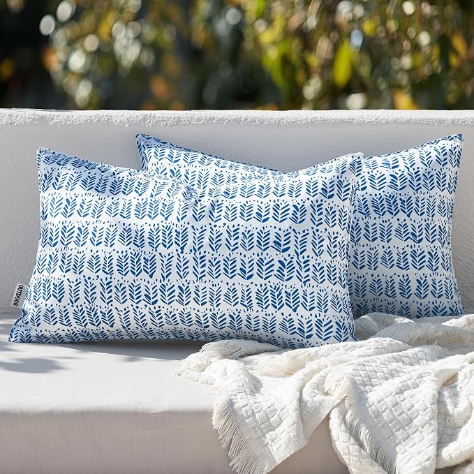 MIULEE Outdoor Lumbar Pillows with Inserts Set of 2 12x20 Inch Dark Blue | Patio Waterproof Fade Resistant Fluffy Throw Pillows Decorative Garden Natural Accent Leaves Cushion for Home Sofa Decor