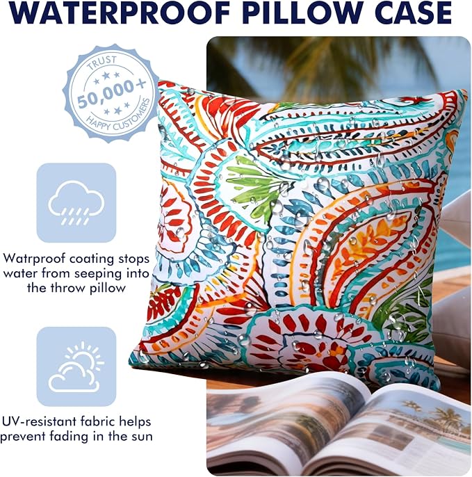 2 Pack Waterproof Outdoor Pillows, 18x18 Outdoor Throw Pillows | Patio Furniture Pillows, Fluffy Decorative Pillows, Waterproof &Fade Resistant, Removable & Washable, Paisley Multi Red