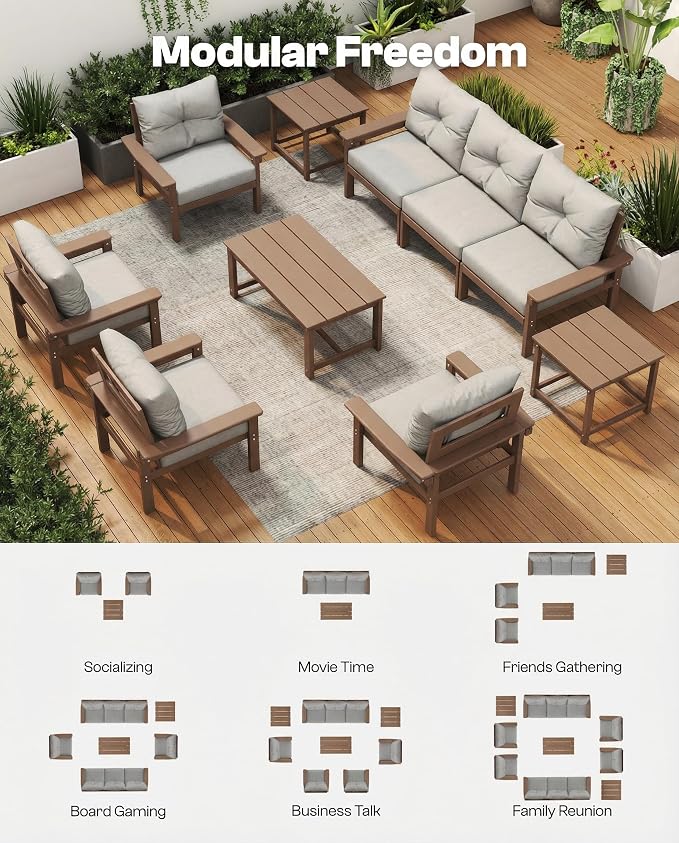 3 Piece HDPE Outdoor Patio Furniture Set, All-Weather 2 Armchairs with Side Table, Patio Conversation Set with Grey Washable Thick Cushion for Balcony/Porch/Backyard (Teak Frame)