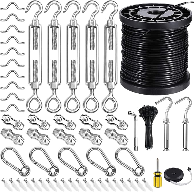 BLIKA String Light Hanging Kits, 170FT Coated Stainless Steel 304 Wire Rope | Outdoor Light Guide Wire, Globe String Light Suspension Kit Included Turnbuckles, Enough Accessories, Use Manual