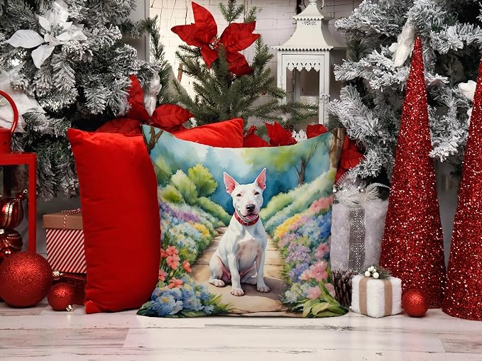 Caroline's Treasures Bull Terrier Spring Path Throw Pillow Machine Washable, Indoor Outdoor Decorative Pillow for Couch, Bed or Patio, 14Hx14W